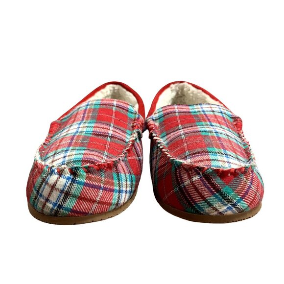 Lands End Moccasin Slippers Womens 10 B Red Plaid Faux Fur Lined Flannel Shoes - Picture 2 of 12